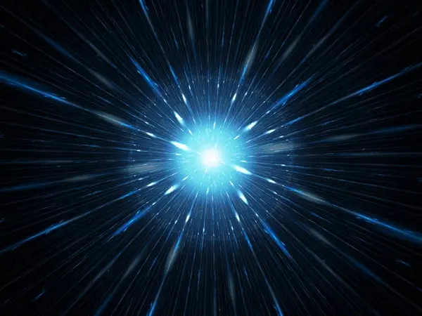 یک انفجار درخشان آبی‌رنگ در فضا، یادآور یک ابرنواختر یا انفجار پرتو گاما