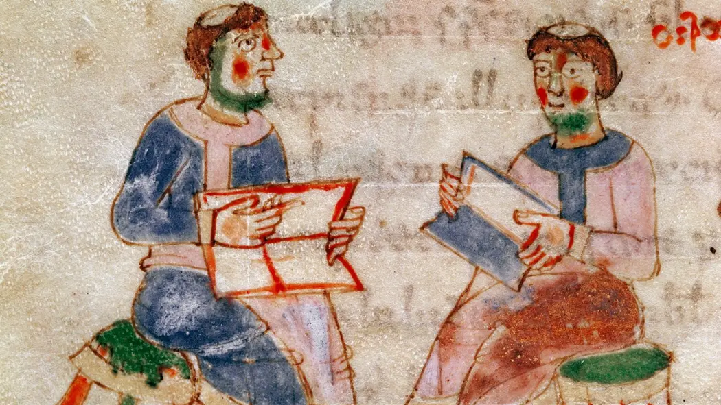 نقاشی دو راهب کم‌مو که بر روی صندلی‌های سبز نشسته‌اند و به‌ هم کتاب نشان می‌دهند