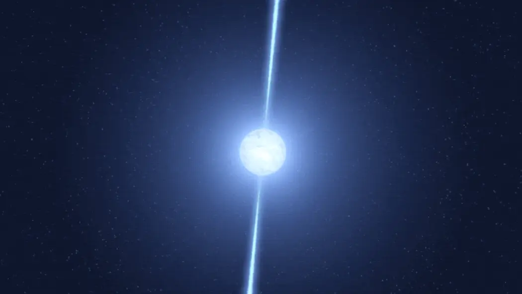 تصویر هنری یک پالسر چرخان و پرتوهای تابشی شبیه به فانوس دریایی.