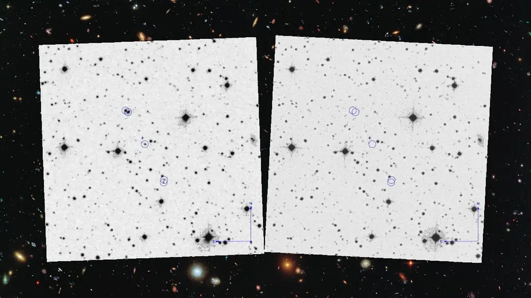 در یک شب سال 1952، پنج شیء گذرا (دایره‌های آبی) ظاهر شد و در طول یک ساعت ناپدید شدند؛ بر اساس بررسی‌های آرشیوی آسمان این امر ثبت شده است. دانشمندان در حال بررسی این معمای دهه‌هاست.