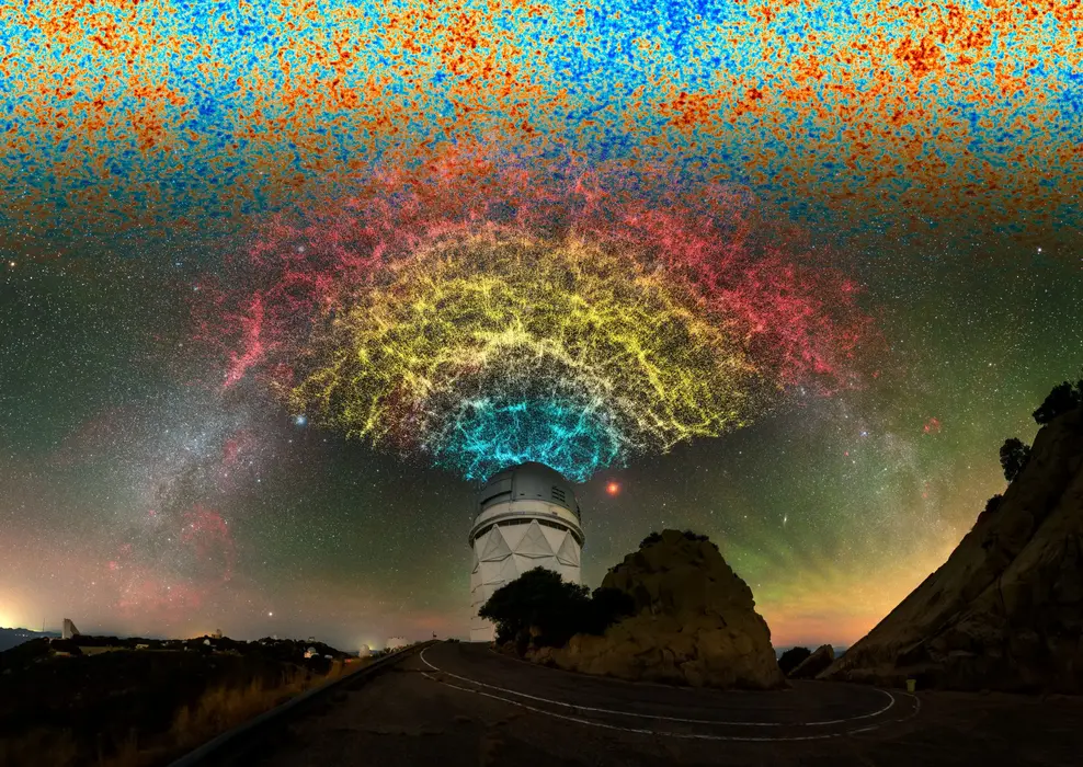 رصدخانه‌ای با شبکه‌ای از نقاط نورانی در بالای آن که نقشه کهکشان‌ها را نشان می‌دهد