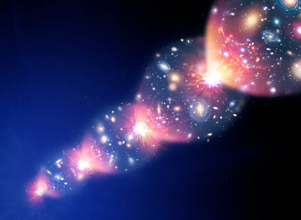 تصویری مفهومی از جهان‌های چرخه‌ای که از یک انفجار بزرگ به وجود می‌آیند و به یک رمبش بزرگ ختم می‌شوند