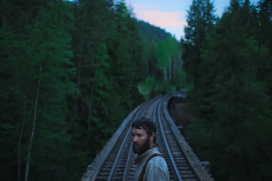 مردی بر روی مسیر ریلی در جنگلی سرسبز ایستاده است.