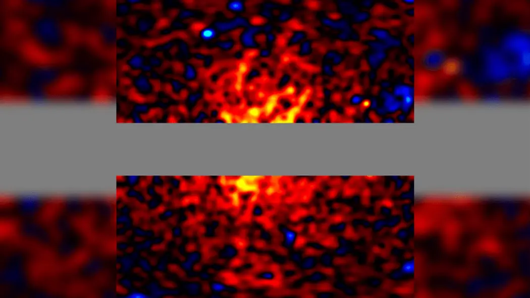 نقشه شدت پرتوهای گاما در حدود ۱۰۰ درجه اطراف مرکز کهکشان با مسدود کردن صفحه کهکشانی، و حذف اجزای دیگر به جز هاله.