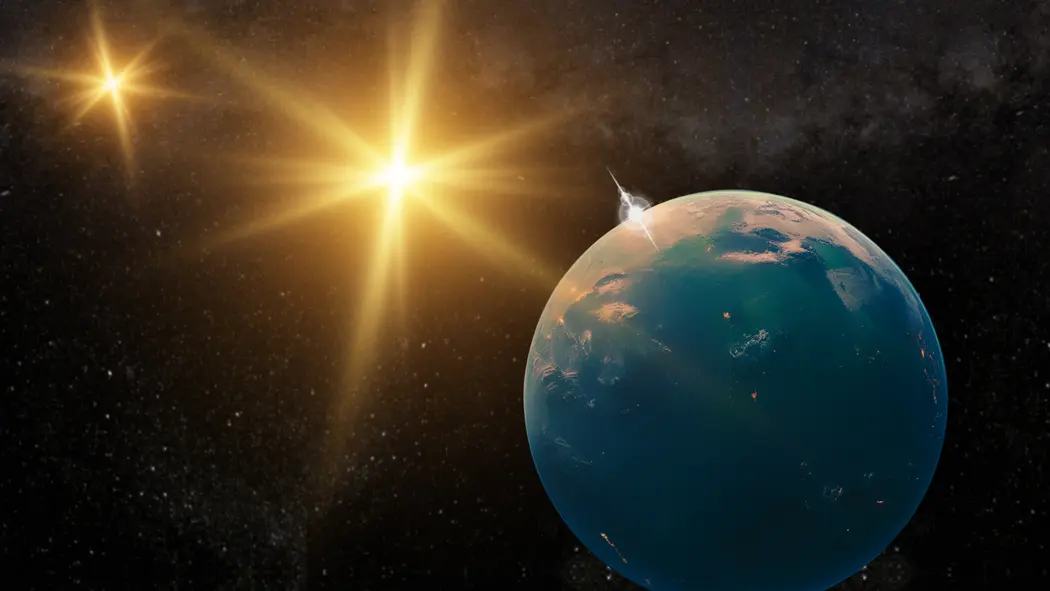 تصویرگری از سیاره شبیه به تاتویین HD 143811 AB b که به دور ستارگان دوقلوی خود می‌چرخد