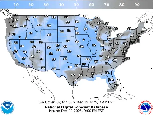 تصویری از ایالات متحده قاره‌ای با رنگ‌های آبی و خاکستری که پوشش ابرهای ۱۴ دسامبر را نشان می‌دهد