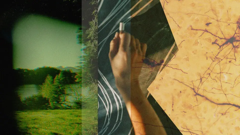 کلاژی از تصویر مبهم یک چشم‌انداز سبز، دستی که خطوطی با گچ روی تخته‌سیاه می‌کشد، و تصویری از سلول‌ها بر روی پس‌زمینه زرد