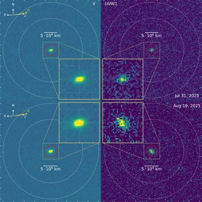 تصاویر هم‌پوشانی UVOT از شهاب‌سنگ بین‌ستاره‌ای 3I ATLAS