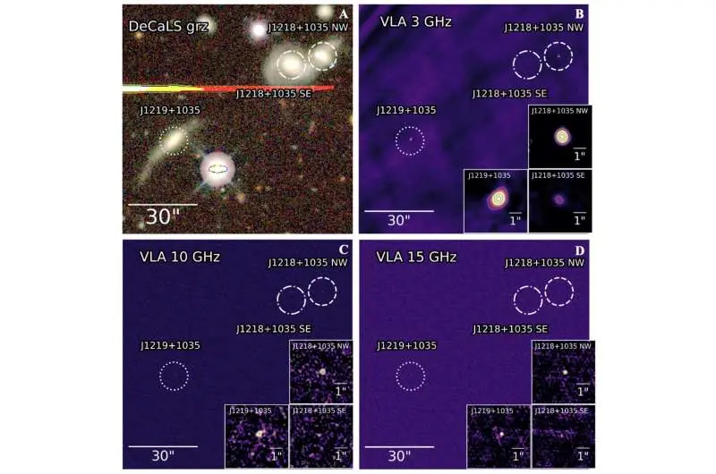 سیاه‌چاله‌های رادیویی سه‌تایی در ادغام نادر یک کهکشانی می‌درخشند