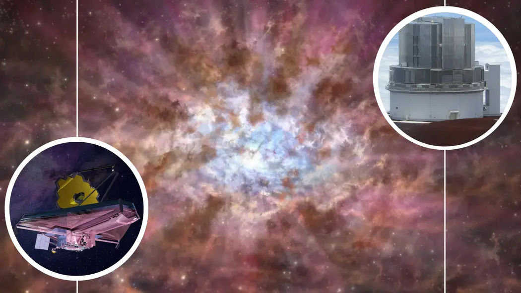 (اصلی) تصویری از کوئازار نیروی‌دیدهٔ سیاه‌چاله فوق‌عظیم که توسط گرد و غبار پوشیده شده است. (چپ) تصویر JWST (راست) تصویر تلسکوپ سوبارو