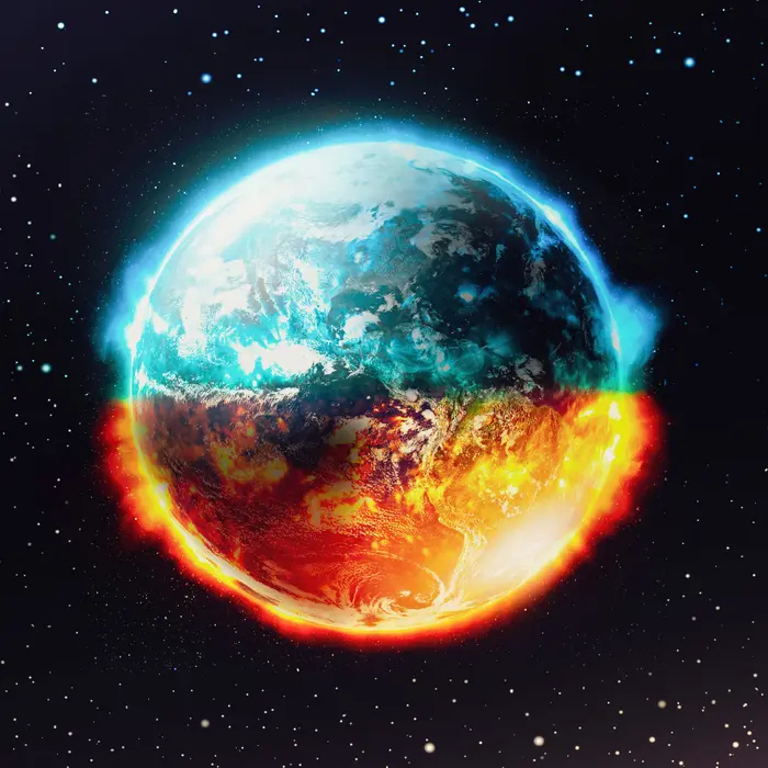 تصویری از سیاره زمین در پسزمینهٔ کهکشانی فضا و ستارگان، مفهوم فاجعهٔ جهانی، عناصری از این تصویر توسط ناسا تهیه شده