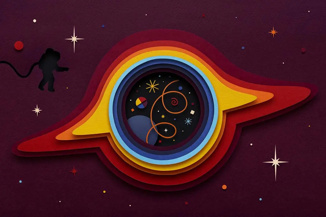 آثاری که با لایهگذاری برشهای کاغذی متعدد ساخته شده، فضانوردی را در کنار یک سیاهچاله نشان میدهد. درون سیاهچاله، گردابهای رنگارنگ، ستارگان و ذراتی موجود است