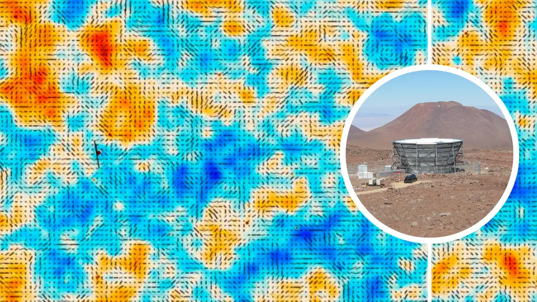 (اصلی) پس‌زمینه میکروویوی کیهانی (CMB) همان‌طور که توسط ACT دیده می‌شود و قطبیت آن با پیکان‌های کوچک سیاه نمایش داده شده است. (نمای داخل) ابزار ACT واقع در بیابان آتاکامای شیلی