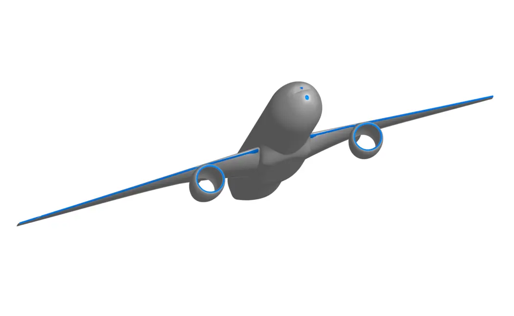 تصویر تولید شده توسط کامپیوتر از یک هواپیمای خاکستری با نواحی آبی رنگ که نشان می‌دهد یخ در کجا روی هواپیما شکل می‌گیرد.