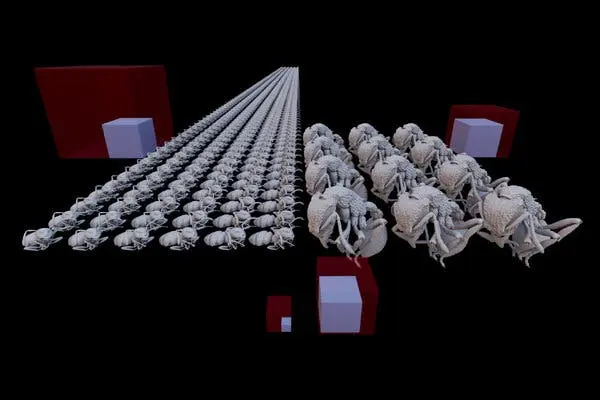 یک گرافیک کامپیوتری که نشان میدهد یک نوع مورچه با کتیکولهای کوچکتر چگونه میتواند جمعیت خود را نسبت به یک مورچه با زره سنگینتر توزیع کند؛ مکعبهای رنگی برای نمایش مجموع کتیکول بهکار رفتهاند.